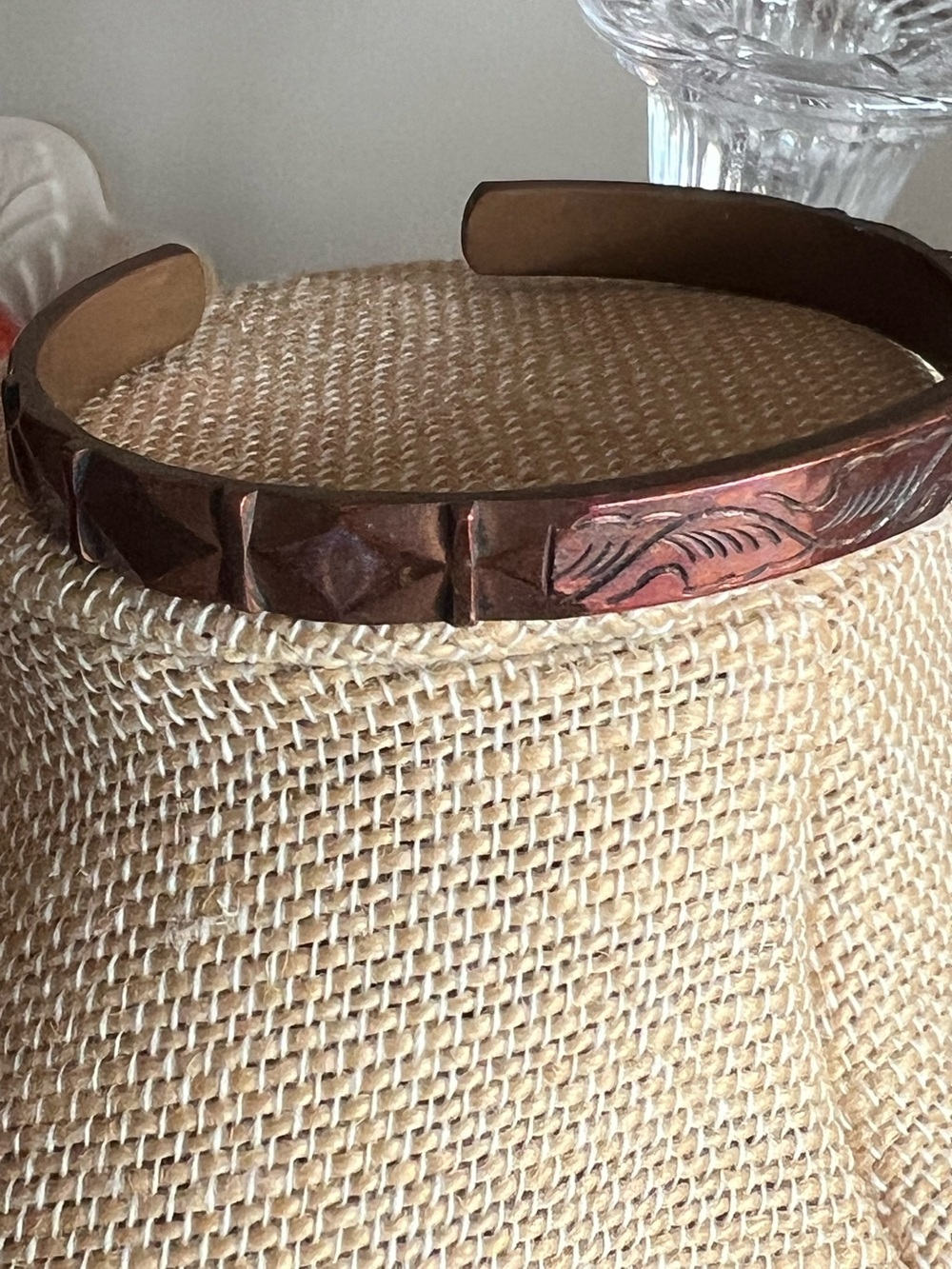 Heavy copper cuff bracelet with Southwestern designs